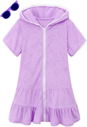 LUCKYGAL Girls Swim Cover Up Kids Swimsuit Coverup Terry Zip-Up Beach Bathing Suit Wraps with Sunglasses