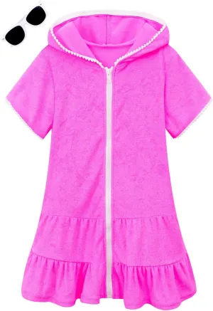 LUCKYGAL Girls Swim Cover Up Kids Swimsuit Coverup Terry Zip-Up Beach Bathing Suit Wraps with Sunglasses