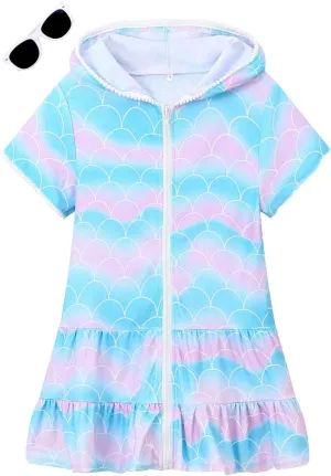 LUCKYGAL Girls Swim Cover Up Kids Swimsuit Coverup Terry Zip-Up Beach Bathing Suit Wraps with Sunglasses
