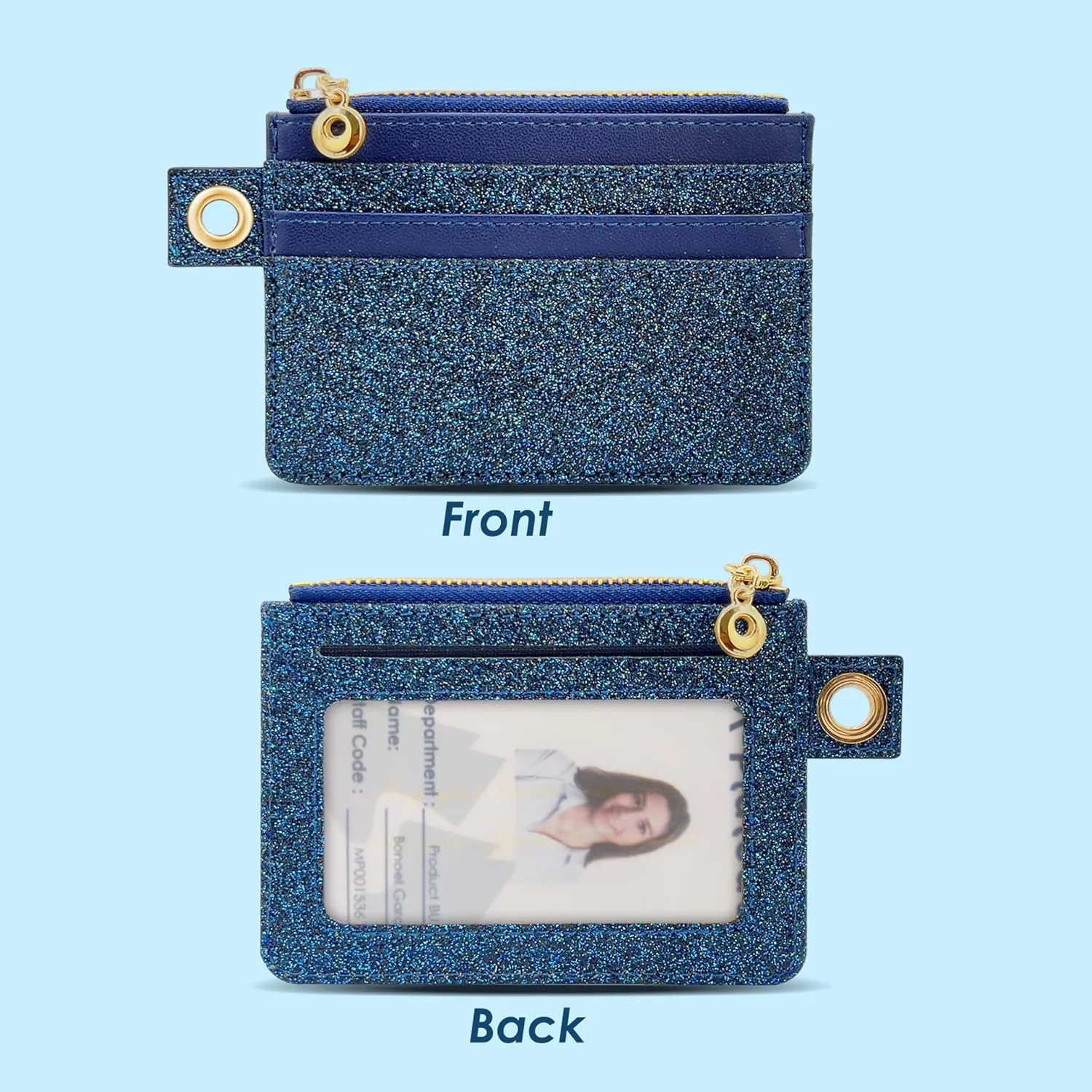M-Plateau Key Chain Wallet Women, Credit Card Holder for Women with Metal Key Chain Ring for Car Keys,Ladies Mini Purse with ID Window and Zipper Pocket (Bling Blue)