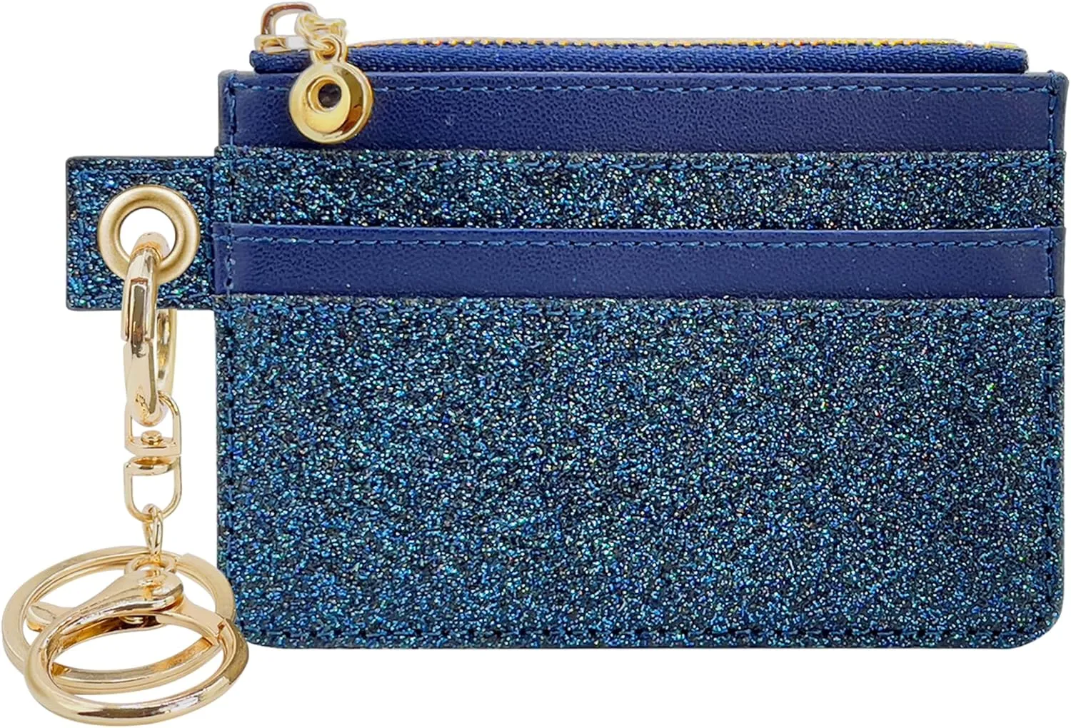 M-Plateau Key Chain Wallet Women, Credit Card Holder for Women with Metal Key Chain Ring for Car Keys,Ladies Mini Purse with ID Window and Zipper Pocket (Bling Blue)