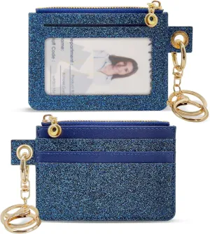 M-Plateau Key Chain Wallet Women, Credit Card Holder for Women with Metal Key Chain Ring for Car Keys,Ladies Mini Purse with ID Window and Zipper Pocket (Bling Blue)