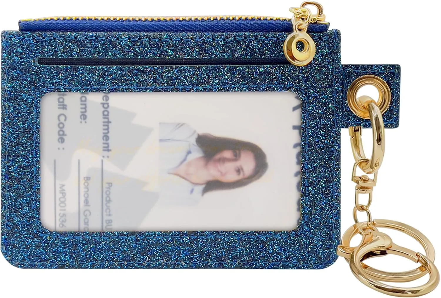 M-Plateau Key Chain Wallet Women, Credit Card Holder for Women with Metal Key Chain Ring for Car Keys,Ladies Mini Purse with ID Window and Zipper Pocket (Bling Blue)