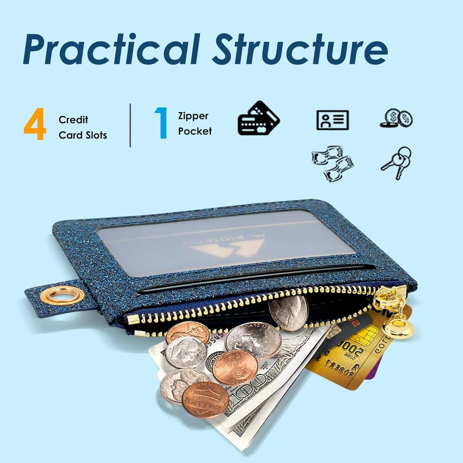 M-Plateau Key Chain Wallet Women, Credit Card Holder for Women with Metal Key Chain Ring for Car Keys,Ladies Mini Purse with ID Window and Zipper Pocket (Bling Blue)