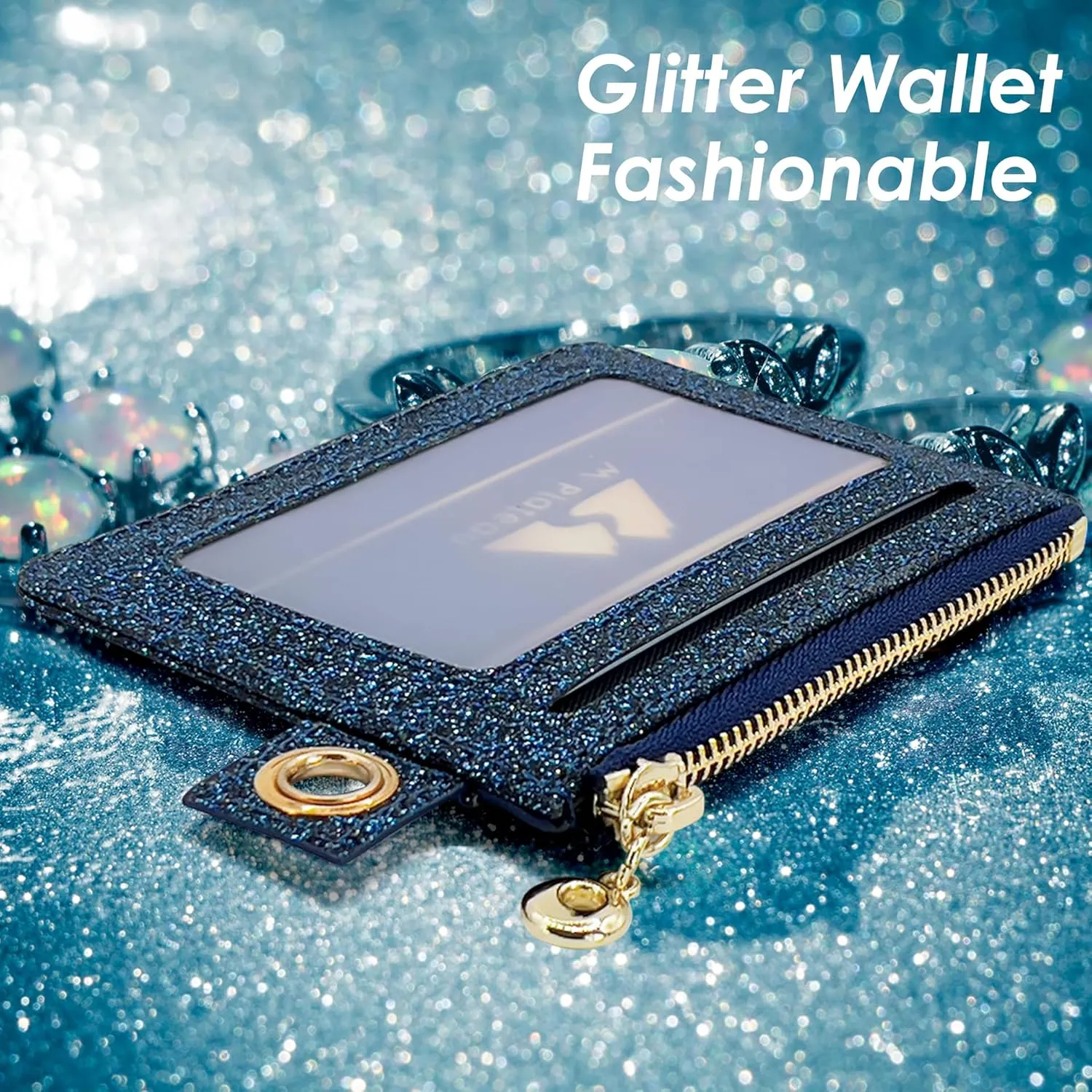 M-Plateau Key Chain Wallet Women, Credit Card Holder for Women with Metal Key Chain Ring for Car Keys,Ladies Mini Purse with ID Window and Zipper Pocket (Bling Blue)