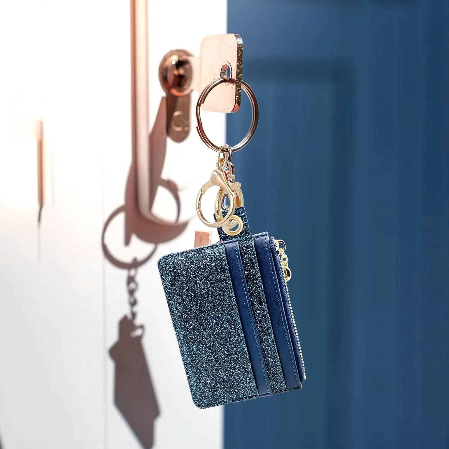 M-Plateau Key Chain Wallet Women, Credit Card Holder for Women with Metal Key Chain Ring for Car Keys,Ladies Mini Purse with ID Window and Zipper Pocket (Bling Blue)