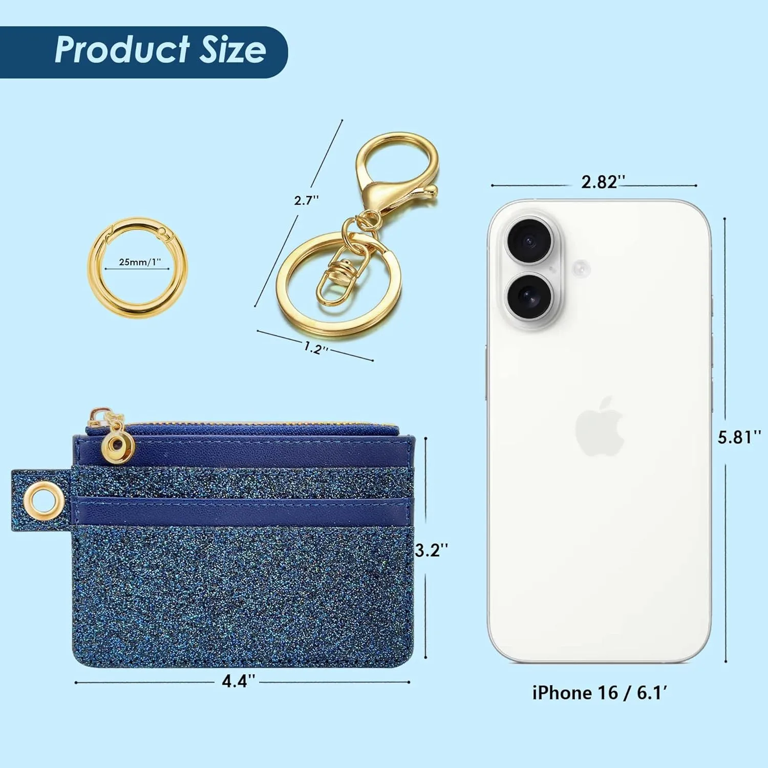 M-Plateau Key Chain Wallet Women, Credit Card Holder for Women with Metal Key Chain Ring for Car Keys,Ladies Mini Purse with ID Window and Zipper Pocket (Bling Blue)