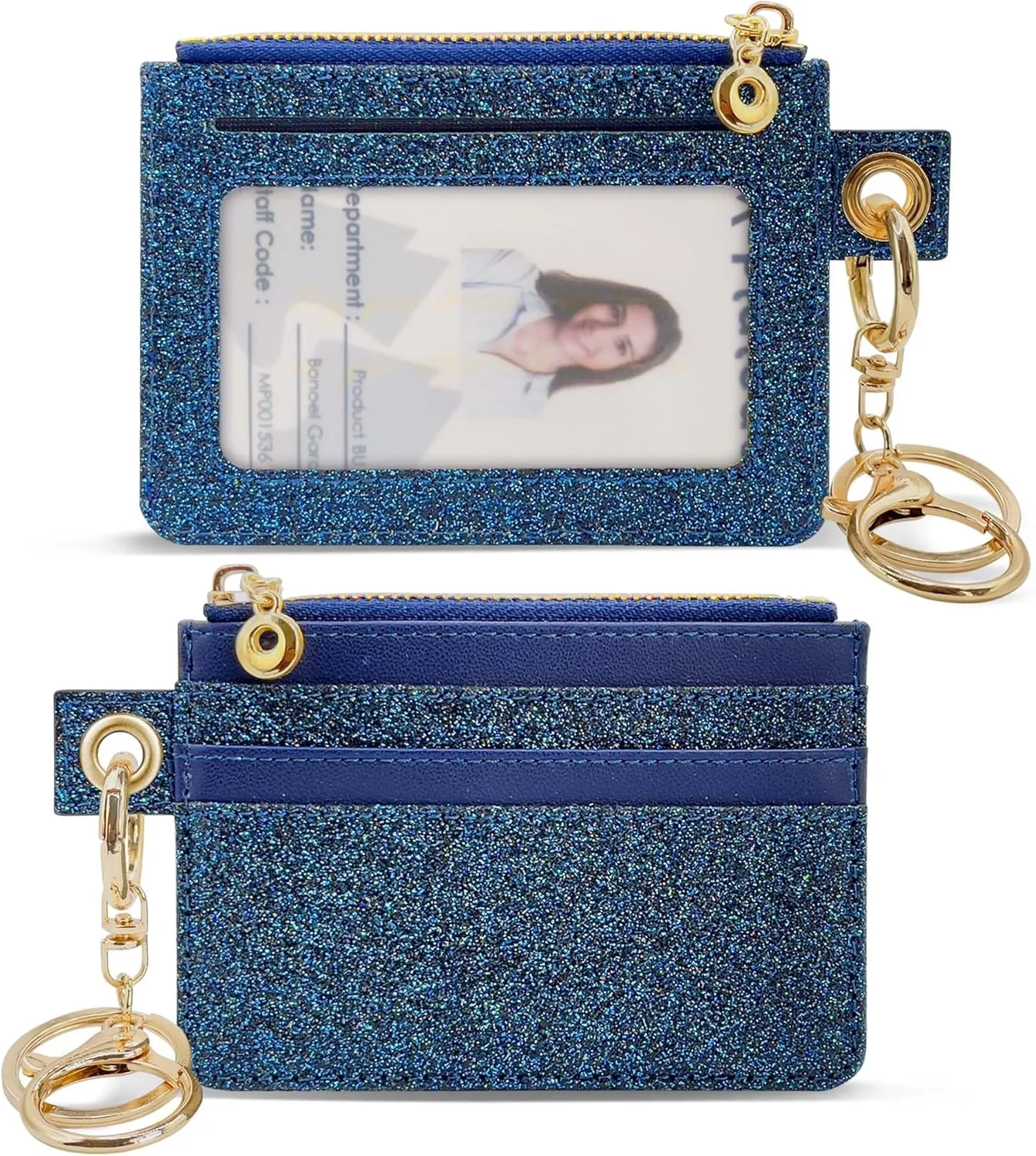M-Plateau Key Chain Wallet Women, Credit Card Holder for Women with Metal Key Chain Ring for Car Keys,Ladies Mini Purse with ID Window and Zipper Pocket (Bling Blue)