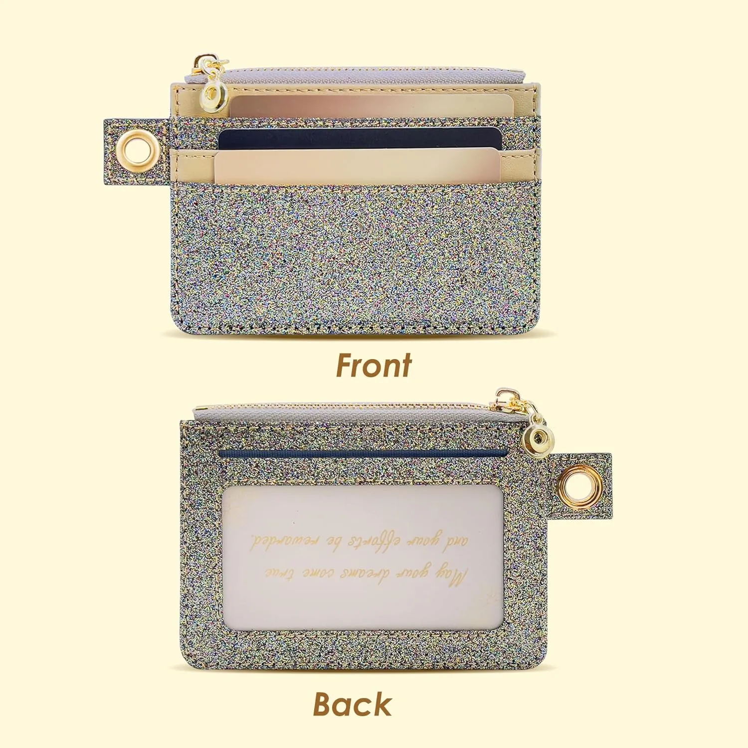 M-Plateau Key Chain Wallet Women, Credit Card Holder for Women with Metal Key Chain Ring for Car Keys,Ladies Mini Purse with ID Window and Zipper Pocket (Bling Gold)
