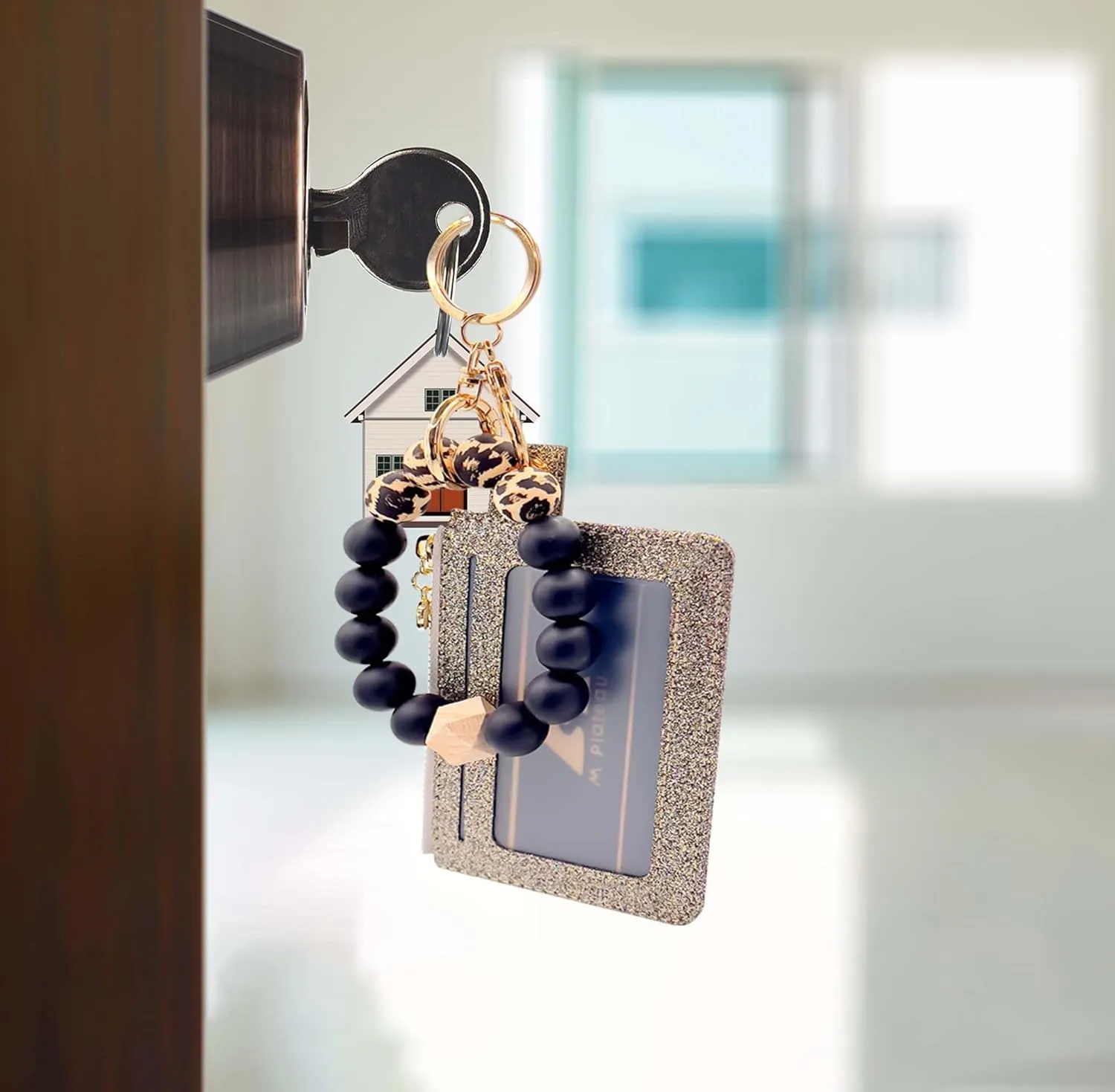 M-Plateau Key Chain Wallet Women, Credit Card Holder for Women with Metal Key Chain Ring for Car Keys,Ladies Mini Purse with ID Window and Zipper Pocket (Bling Gold)