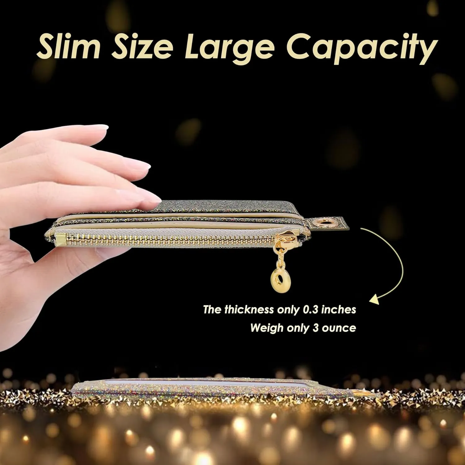 M-Plateau Key Chain Wallet Women, Credit Card Holder for Women with Metal Key Chain Ring for Car Keys,Ladies Mini Purse with ID Window and Zipper Pocket (Bling Gold)