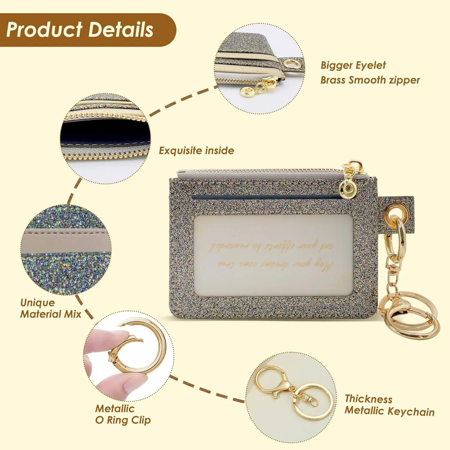 M-Plateau Key Chain Wallet Women, Credit Card Holder for Women with Metal Key Chain Ring for Car Keys,Ladies Mini Purse with ID Window and Zipper Pocket (Bling Gold)