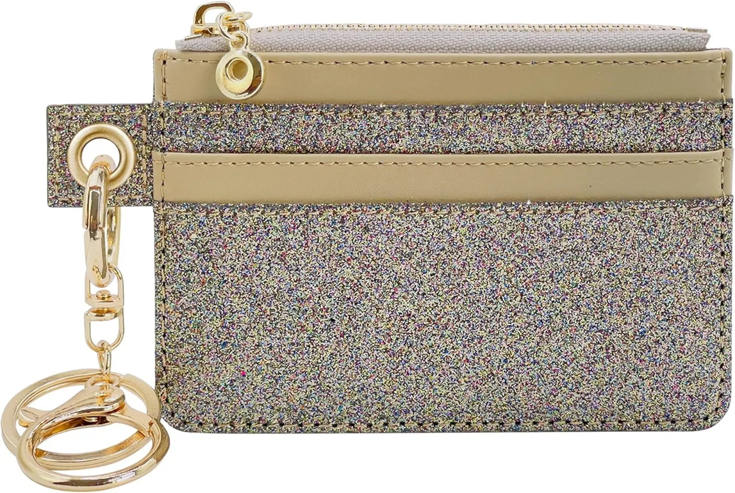 M-Plateau Key Chain Wallet Women, Credit Card Holder for Women with Metal Key Chain Ring for Car Keys,Ladies Mini Purse with ID Window and Zipper Pocket (Bling Gold)