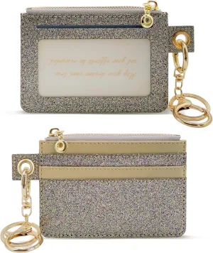 M-Plateau Key Chain Wallet Women, Credit Card Holder for Women with Metal Key Chain Ring for Car Keys,Ladies Mini Purse with ID Window and Zipper Pocket (Bling Gold)