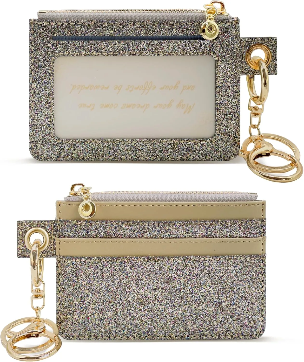 M-Plateau Key Chain Wallet Women, Credit Card Holder for Women with Metal Key Chain Ring for Car Keys,Ladies Mini Purse with ID Window and Zipper Pocket (Bling Gold)