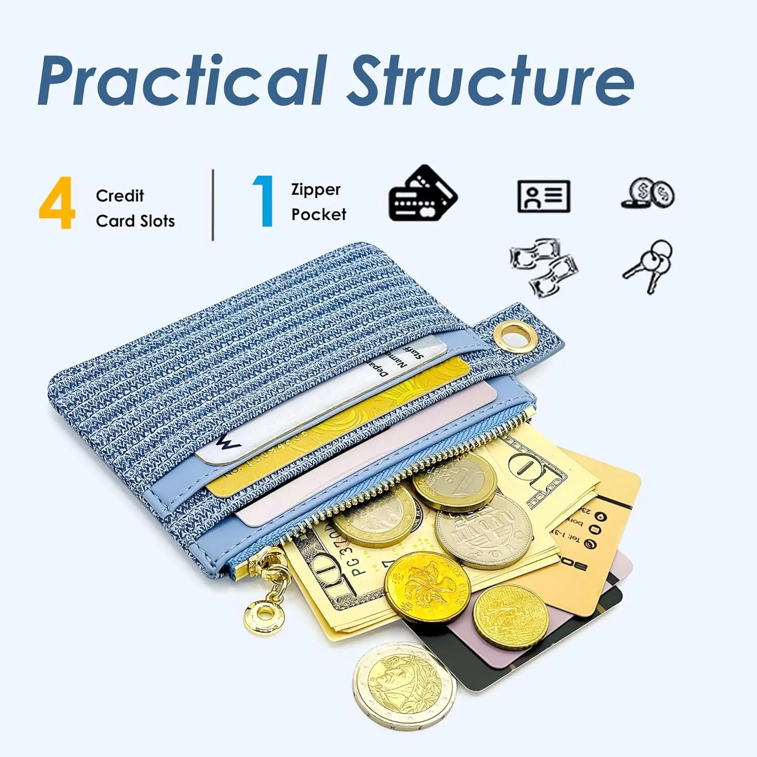 M-Plateau Key Chain Wallet Women, Credit Card Holder for Women with Metal Key Chain Ring for Car Keys,Ladies Mini Purse with ID Window and Zipper Pocket (Eyelet Blue)