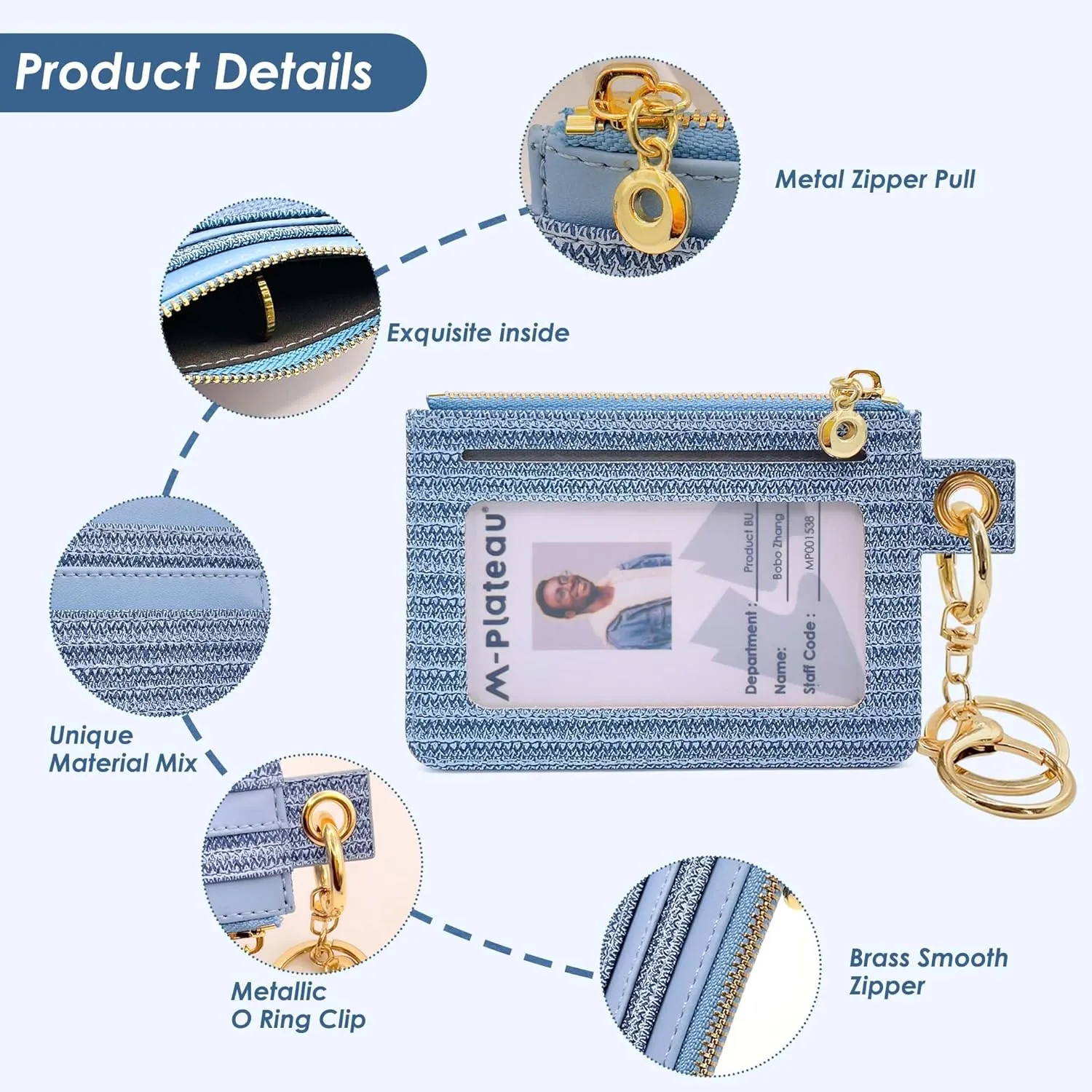 M-Plateau Key Chain Wallet Women, Credit Card Holder for Women with Metal Key Chain Ring for Car Keys,Ladies Mini Purse with ID Window and Zipper Pocket (Eyelet Blue)