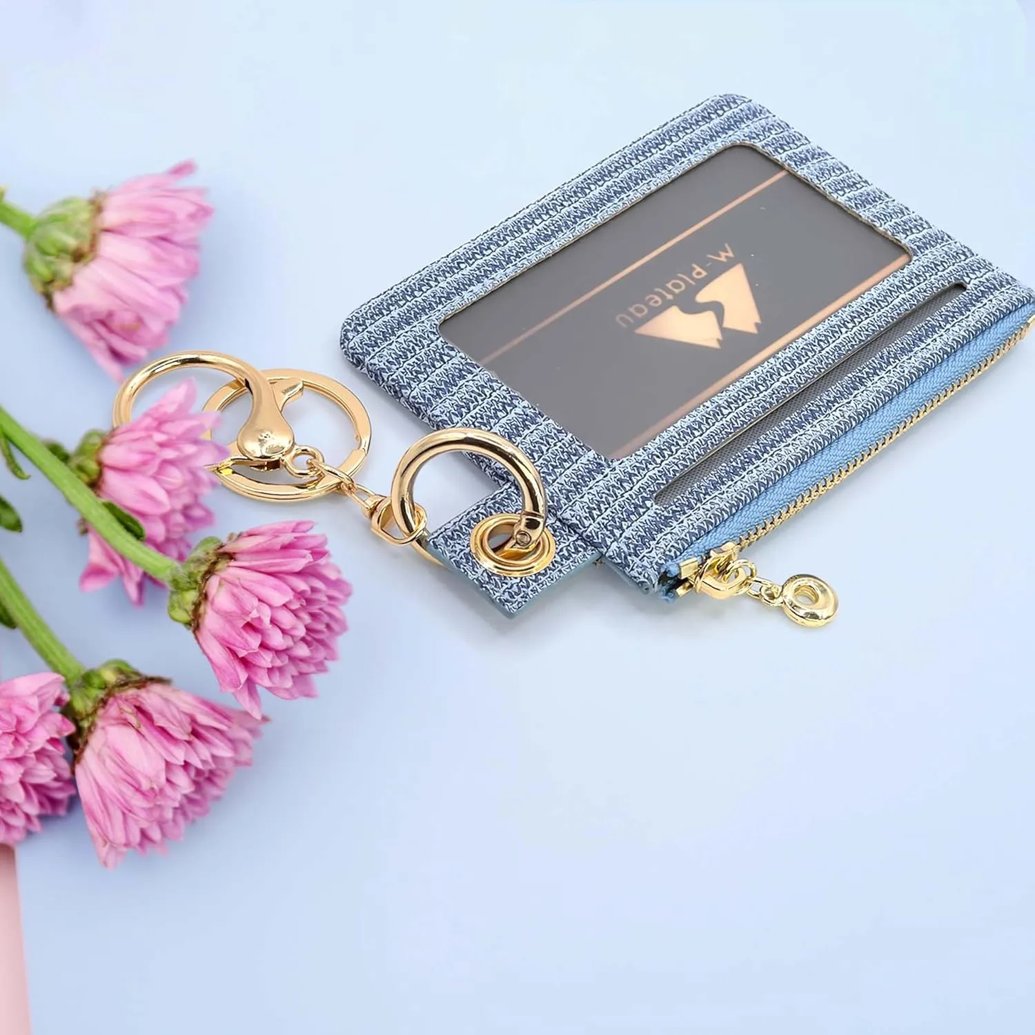 M-Plateau Key Chain Wallet Women, Credit Card Holder for Women with Metal Key Chain Ring for Car Keys,Ladies Mini Purse with ID Window and Zipper Pocket (Eyelet Blue)