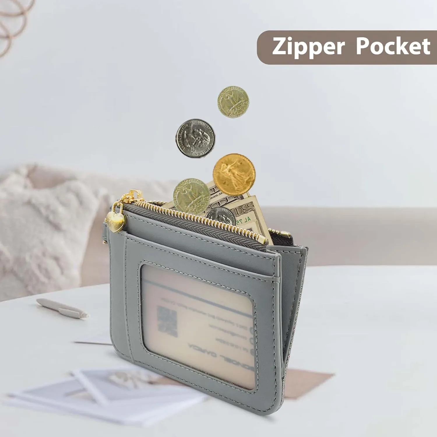 M-Plateau Key Chain Wallet Women, Credit Card Holder for Women with Metal Key Chain Ring for Car Keys,Ladies Mini Purse with ID Window and Zipper Pocket (Grey)