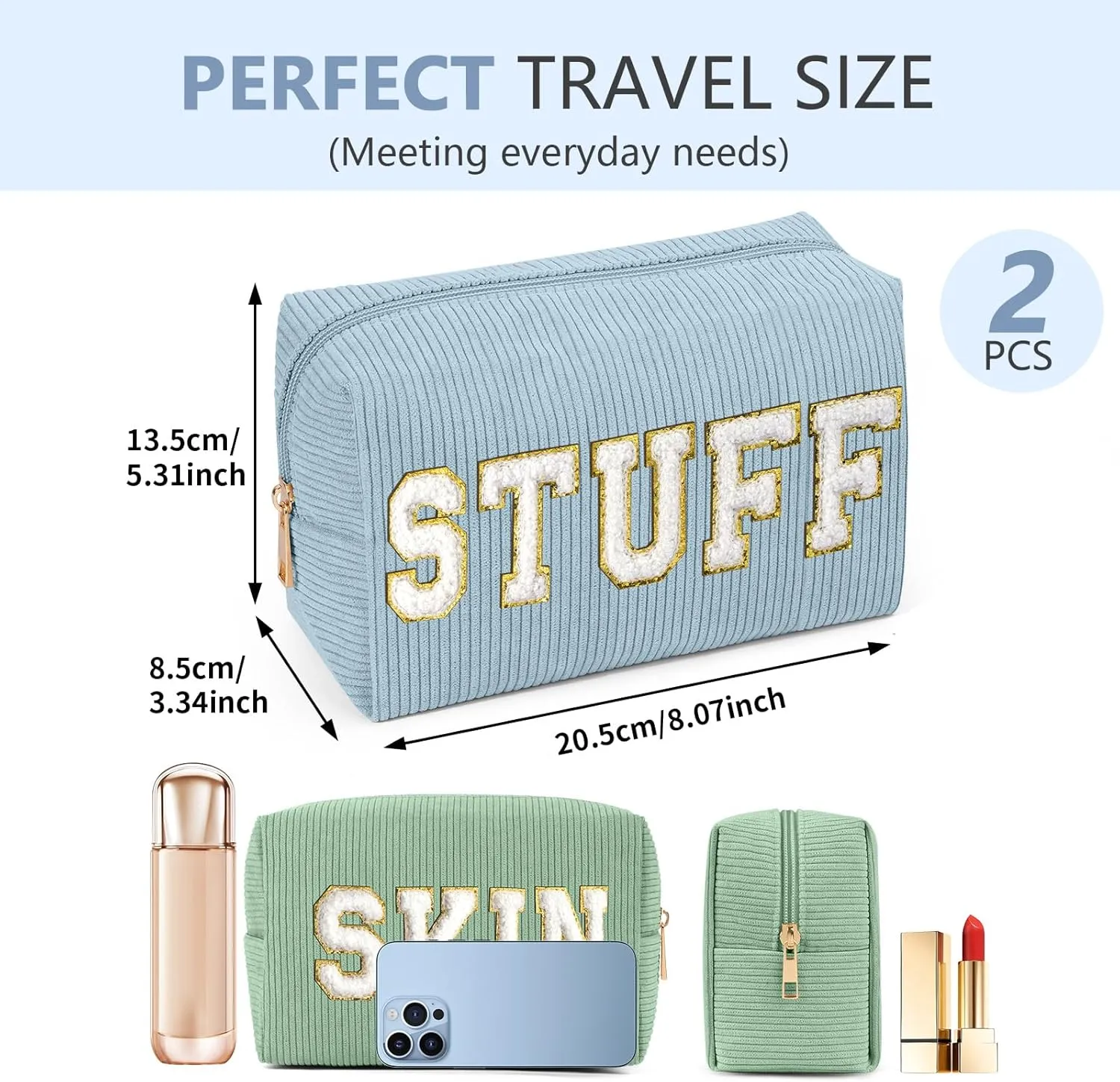 MAGEFY Makeup Bag Corduroy 2 Pcs Cosmetic Bags for Women Preppy Small Makeup Bag with Chenille Letter Patch Makeup Pouch Green SKIN & Blue STUFF