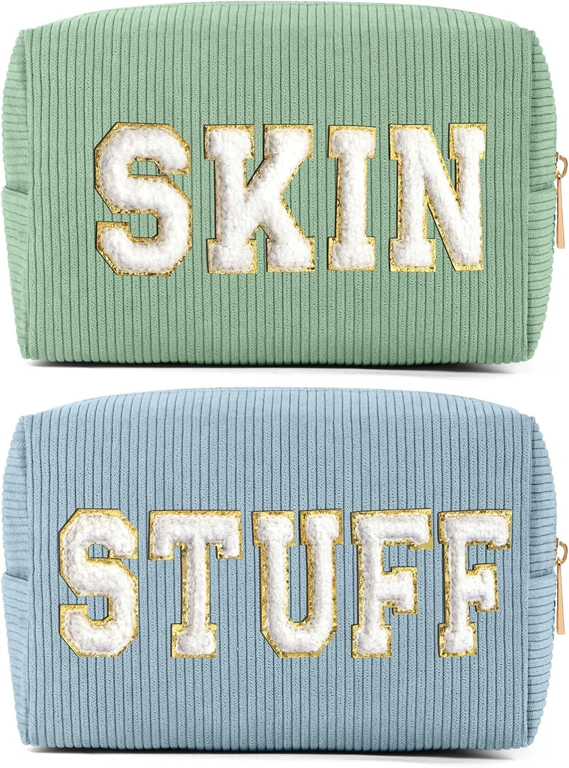 MAGEFY Makeup Bag Corduroy 2 Pcs Cosmetic Bags for Women Preppy Small Makeup Bag with Chenille Letter Patch Makeup Pouch Green SKIN & Blue STUFF