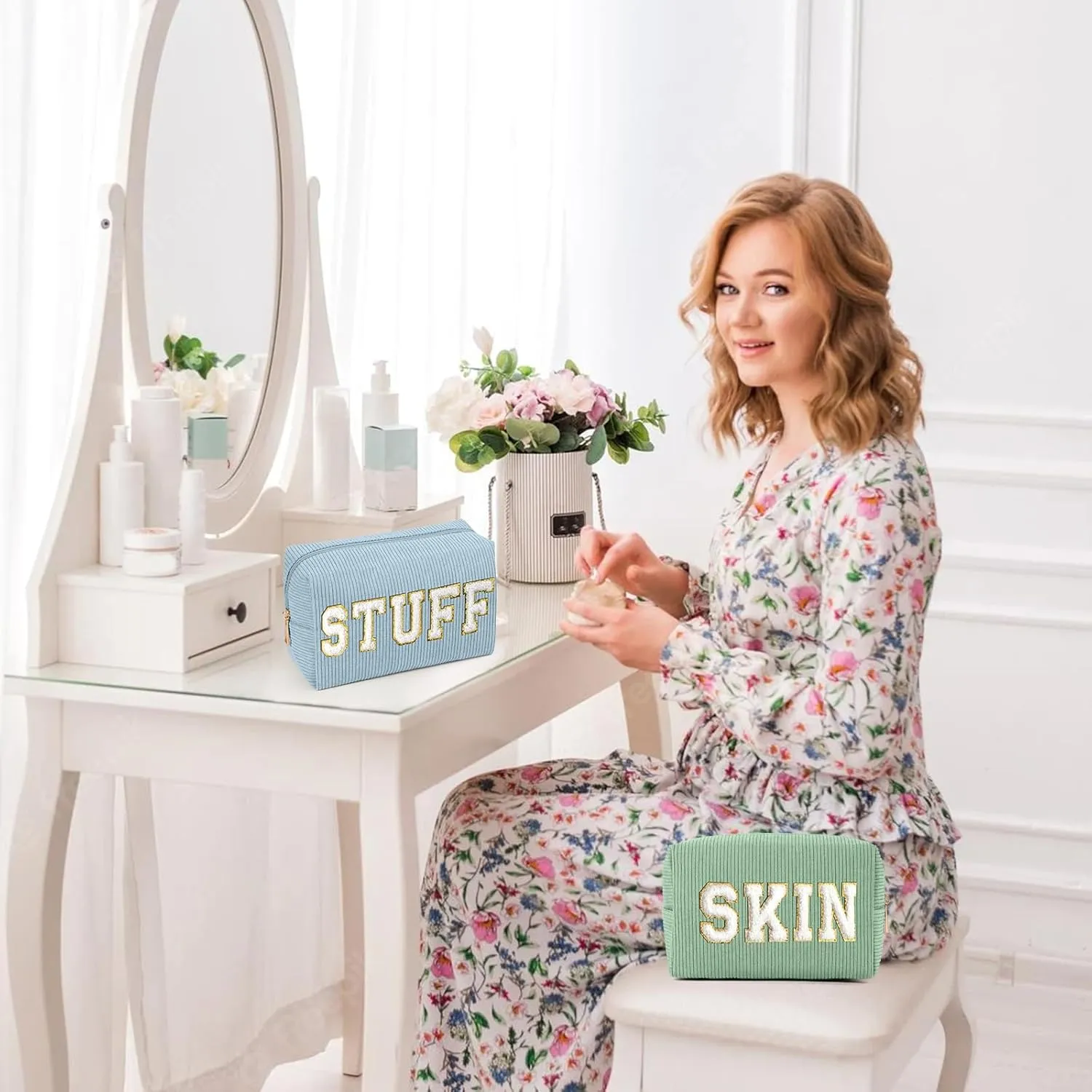 MAGEFY Makeup Bag Corduroy 2 Pcs Cosmetic Bags for Women Preppy Small Makeup Bag with Chenille Letter Patch Makeup Pouch Green SKIN & Blue STUFF
