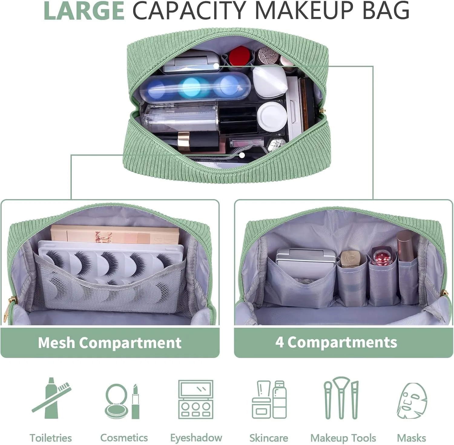 MAGEFY Makeup Bag Corduroy 2 Pcs Cosmetic Bags for Women Preppy Small Makeup Bag with Chenille Letter Patch Makeup Pouch Green SKIN & Blue STUFF