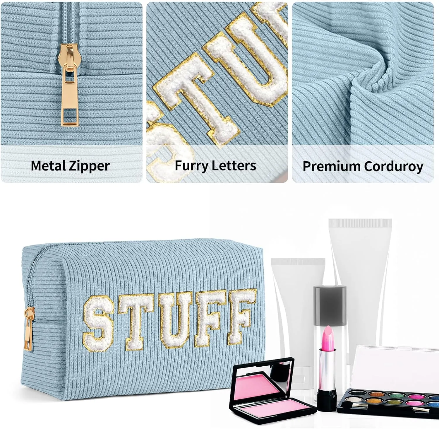 MAGEFY Makeup Bag Corduroy 2 Pcs Cosmetic Bags for Women Preppy Small Makeup Bag with Chenille Letter Patch Makeup Pouch Green SKIN & Blue STUFF