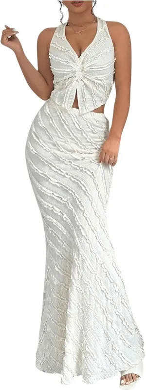 MakeMeChic Women's 2 Piece Skirt Set Outfits Textured V Neck Twist Halter Top and Maxi Skirt Set