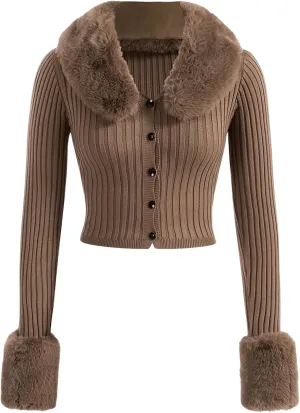 MakeMeChic Women's Christmas Sweaters Faux Fur Button Down Long Sleeve Fuzzy Rib Knit Cardigan Sweater