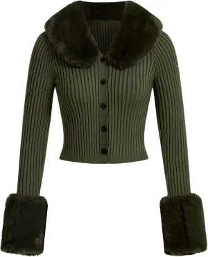 MakeMeChic Women's Christmas Sweaters Faux Fur Button Down Long Sleeve Fuzzy Rib Knit Cardigan Sweater