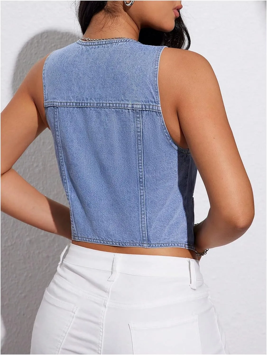 MakeMeChic Women's Denim Vest Sleeveless V Neck Single Breasted Summer Jean Crop Tops