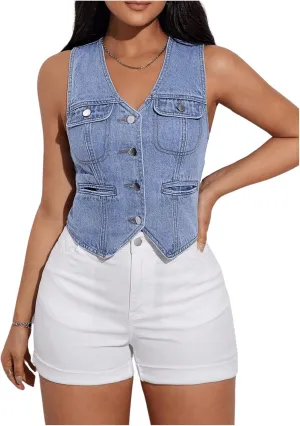 MakeMeChic Women's Denim Vest Sleeveless V Neck Single Breasted Summer Jean Crop Tops
