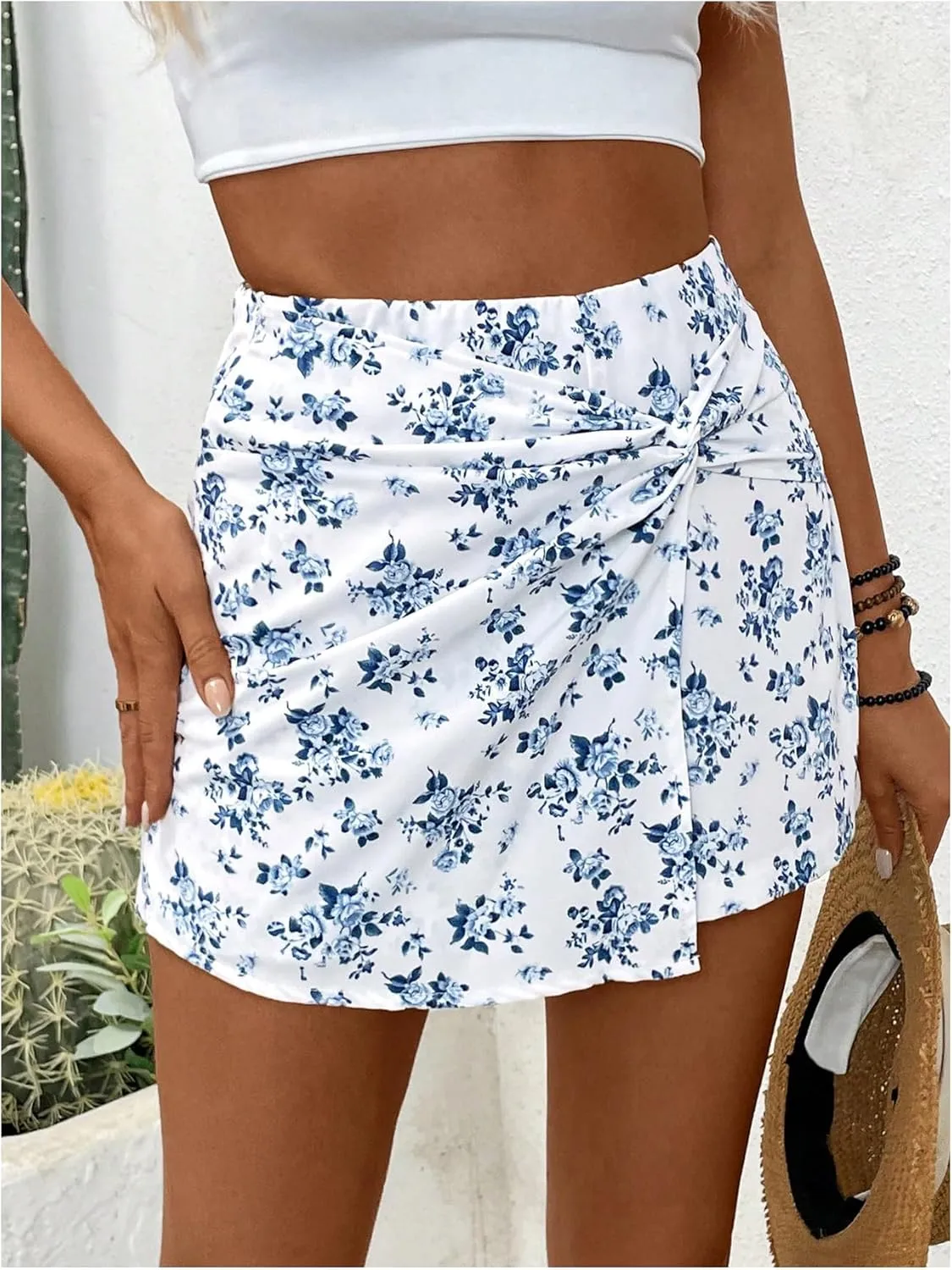 MakeMeChic Women's Floral Boho Shorts Twist Front Elastic Waist Summer Skorts