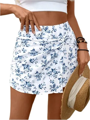 MakeMeChic Women's Floral Boho Shorts Twist Front Elastic Waist Summer Skorts