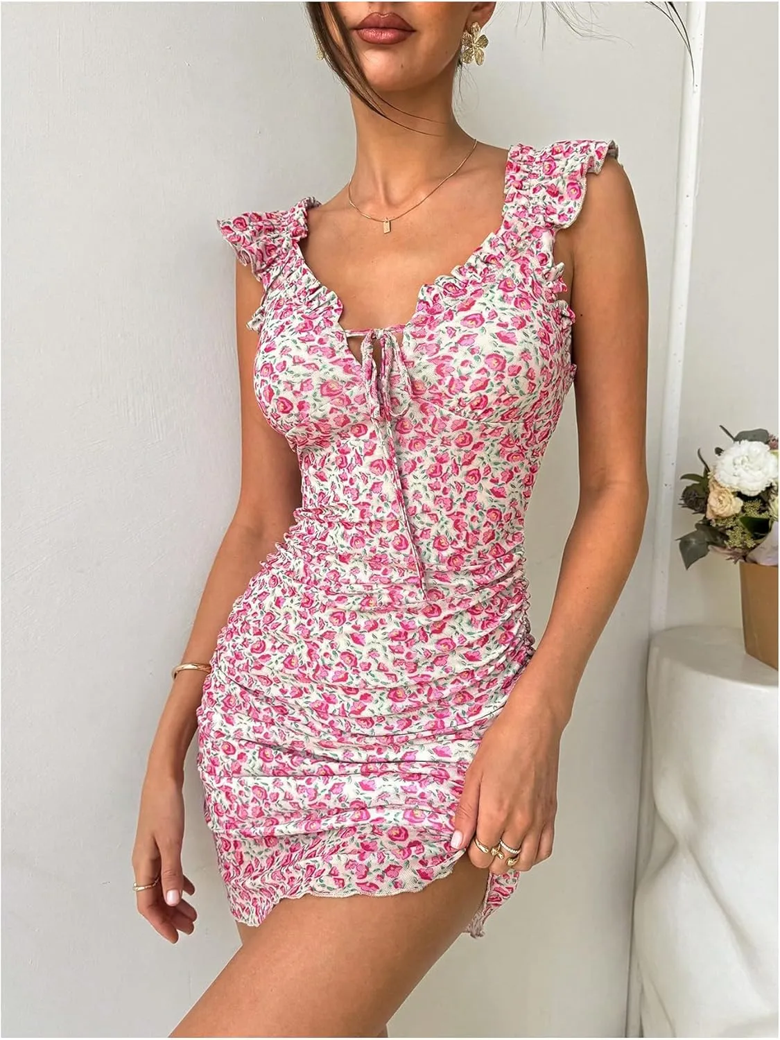 MakeMeChic Women's Floral Dress Tie Front Ruffle Sleeve Ruched Bodycon Mini Dresses