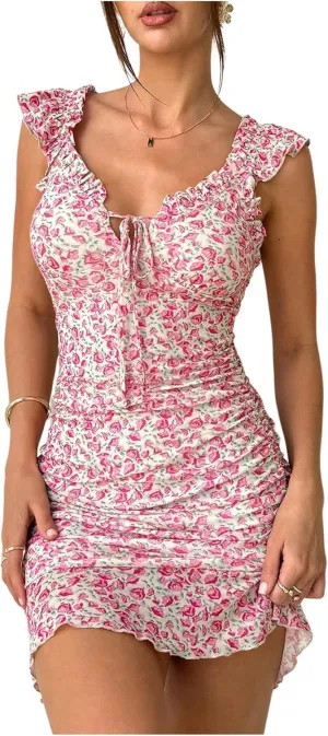 MakeMeChic Women's Floral Dress Tie Front Ruffle Sleeve Ruched Bodycon Mini Dresses
