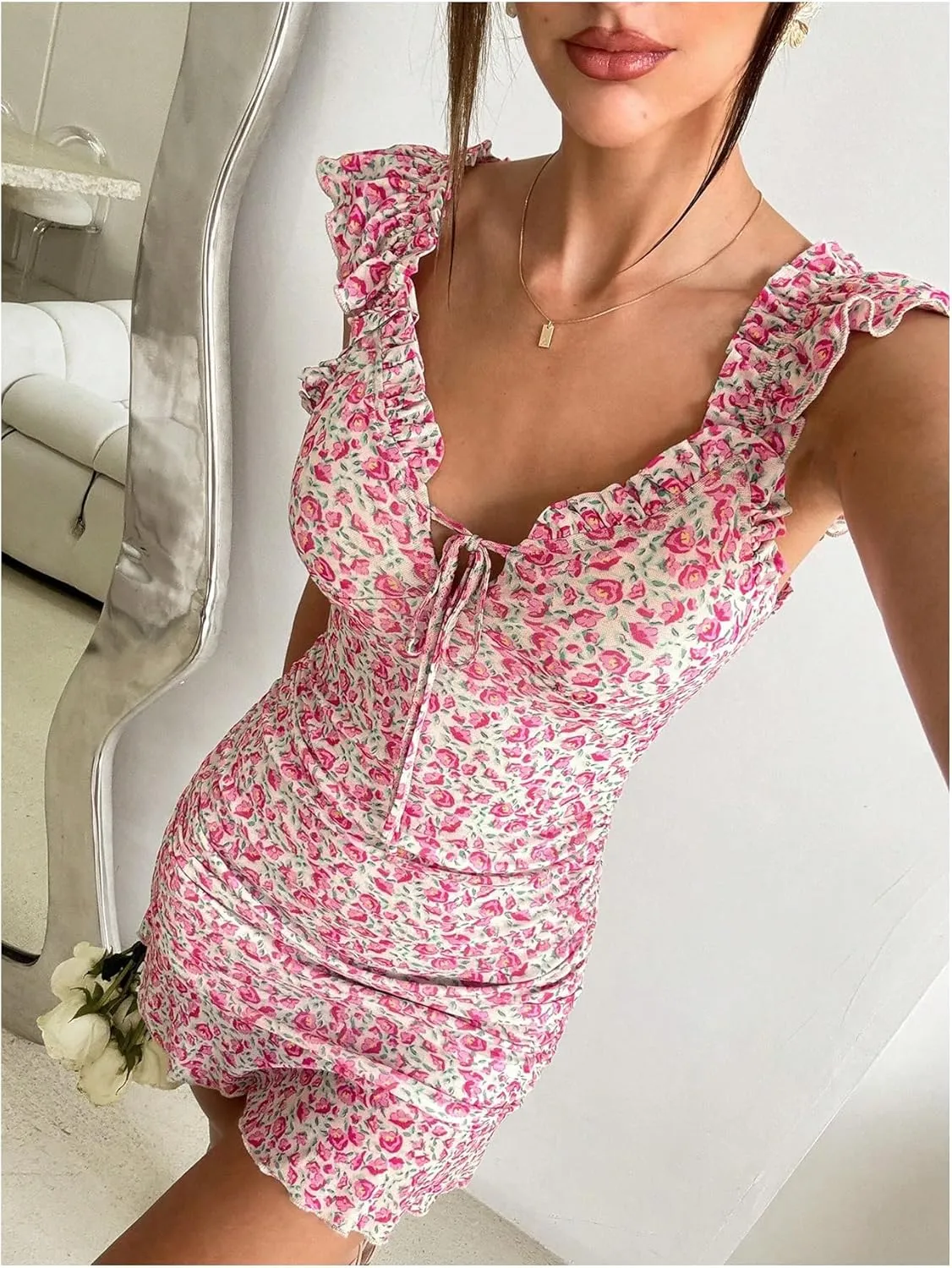 MakeMeChic Women's Floral Dress Tie Front Ruffle Sleeve Ruched Bodycon Mini Dresses