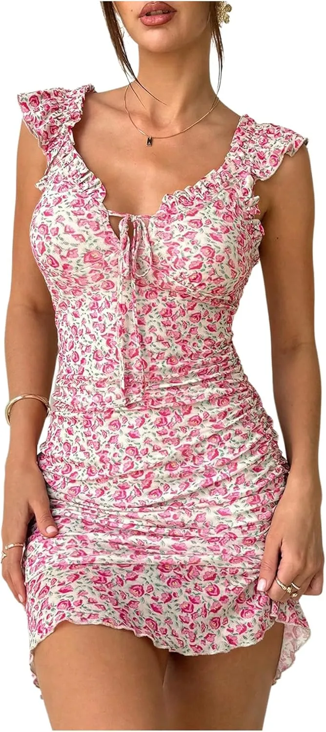 MakeMeChic Women's Floral Dress Tie Front Ruffle Sleeve Ruched Bodycon Mini Dresses