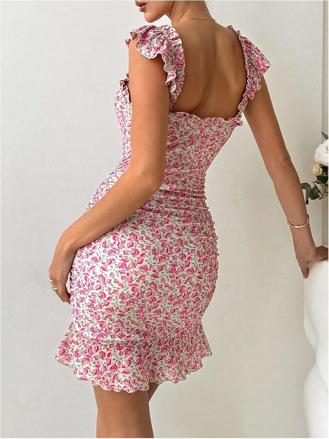 MakeMeChic Women's Floral Dress Tie Front Ruffle Sleeve Ruched Bodycon Mini Dresses