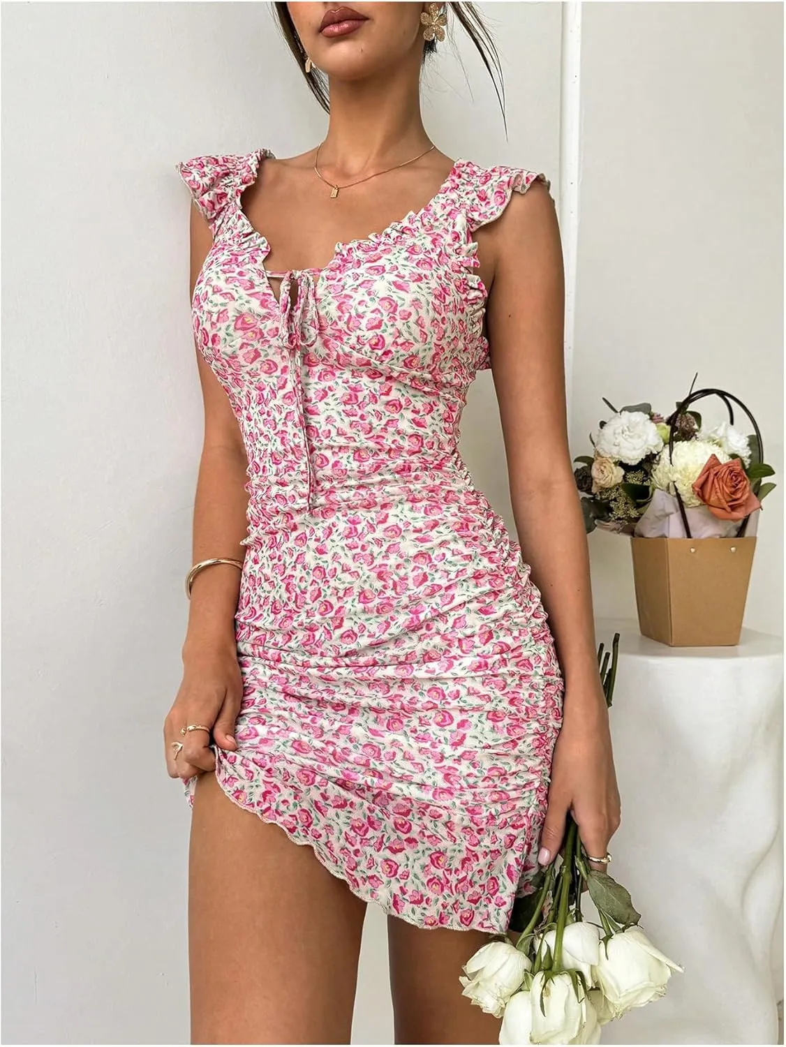MakeMeChic Women's Floral Dress Tie Front Ruffle Sleeve Ruched Bodycon Mini Dresses