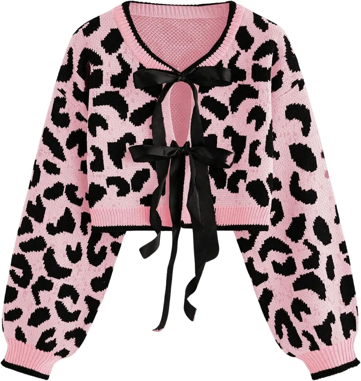 MakeMeChic Women's Leopard Print Bow Tie Front Cardigan Long Sleeve Crop Y2K Crew Neck Sweater Outerwear