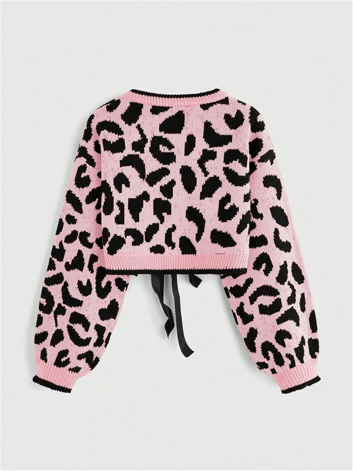MakeMeChic Women's Leopard Print Bow Tie Front Cardigan Long Sleeve Crop Y2K Crew Neck Sweater Outerwear