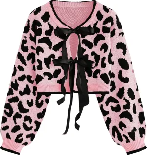 MakeMeChic Women's Leopard Print Bow Tie Front Cardigan Long Sleeve Crop Y2K Crew Neck Sweater Outerwear