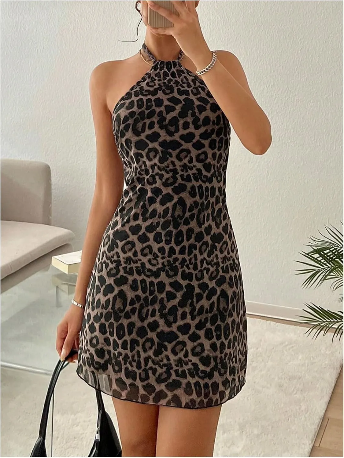 MakeMeChic Women's Leopard Print Halter Dress Tie Backless Cheetah Party Mini Dresses