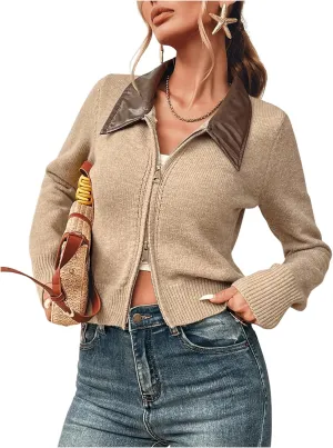 MakeMeChic Women's Long Sleeve Lapel Knit Cardigan Zip Up Slim Fit Collared Sweater