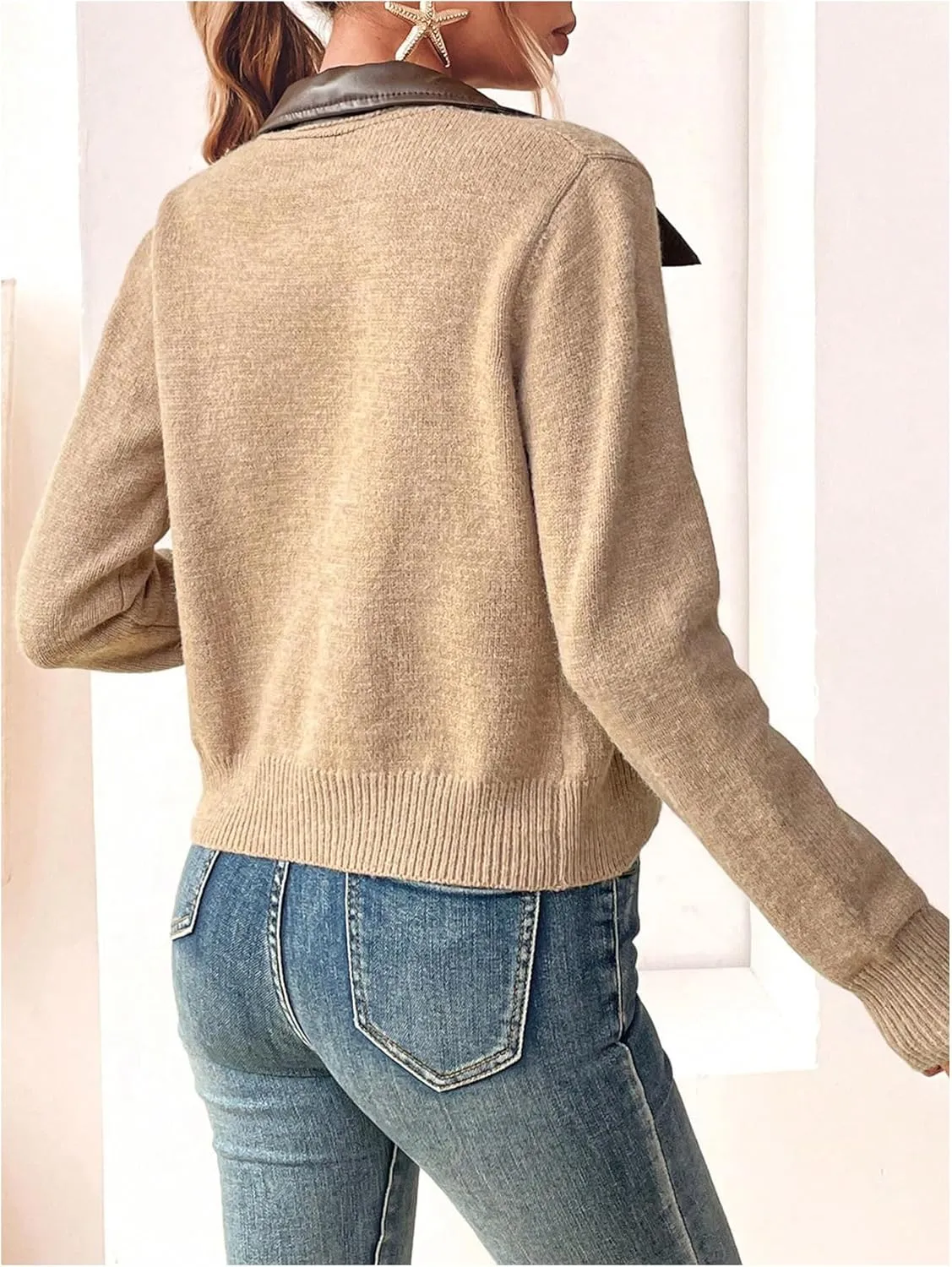 MakeMeChic Women's Long Sleeve Lapel Knit Cardigan Zip Up Slim Fit Collared Sweater