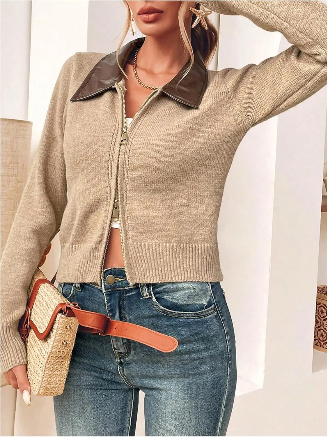 MakeMeChic Women's Long Sleeve Lapel Knit Cardigan Zip Up Slim Fit Collared Sweater