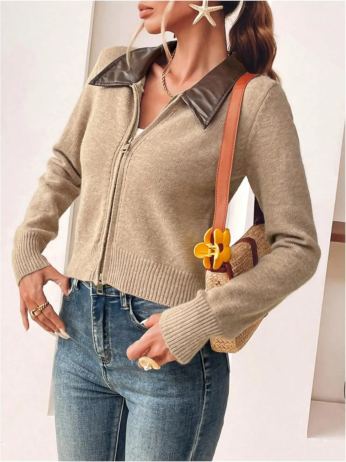 MakeMeChic Women's Long Sleeve Lapel Knit Cardigan Zip Up Slim Fit Collared Sweater