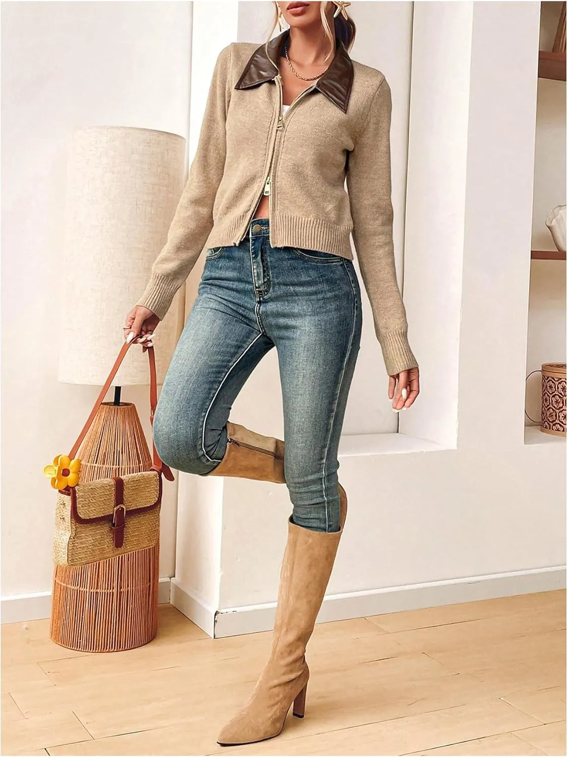MakeMeChic Women's Long Sleeve Lapel Knit Cardigan Zip Up Slim Fit Collared Sweater